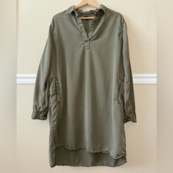Quince 100% Lyocell Vintage Wash Tencel Roll Sleeve Tunic Dress Olive Green L - Picture 2 of 13